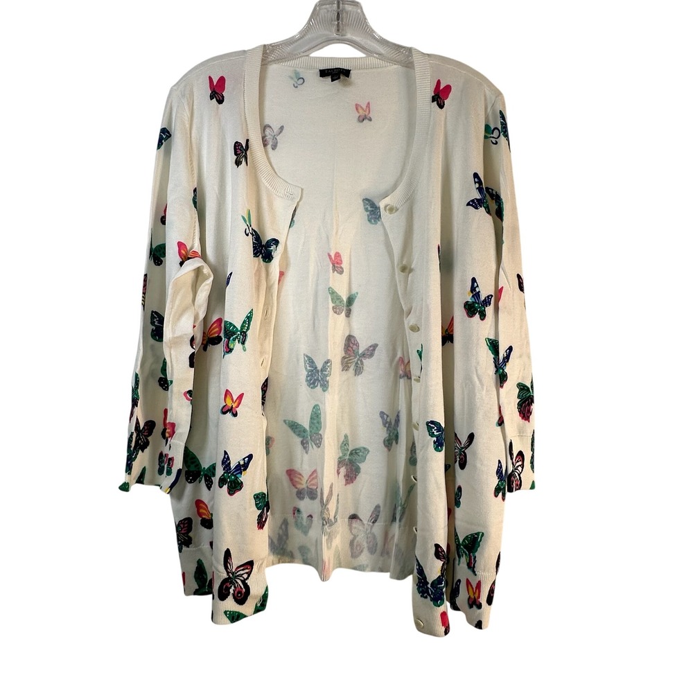 Talbots Woman Butterfly Print Cardigan White Multi Color Cotton Blend 1X Plus
